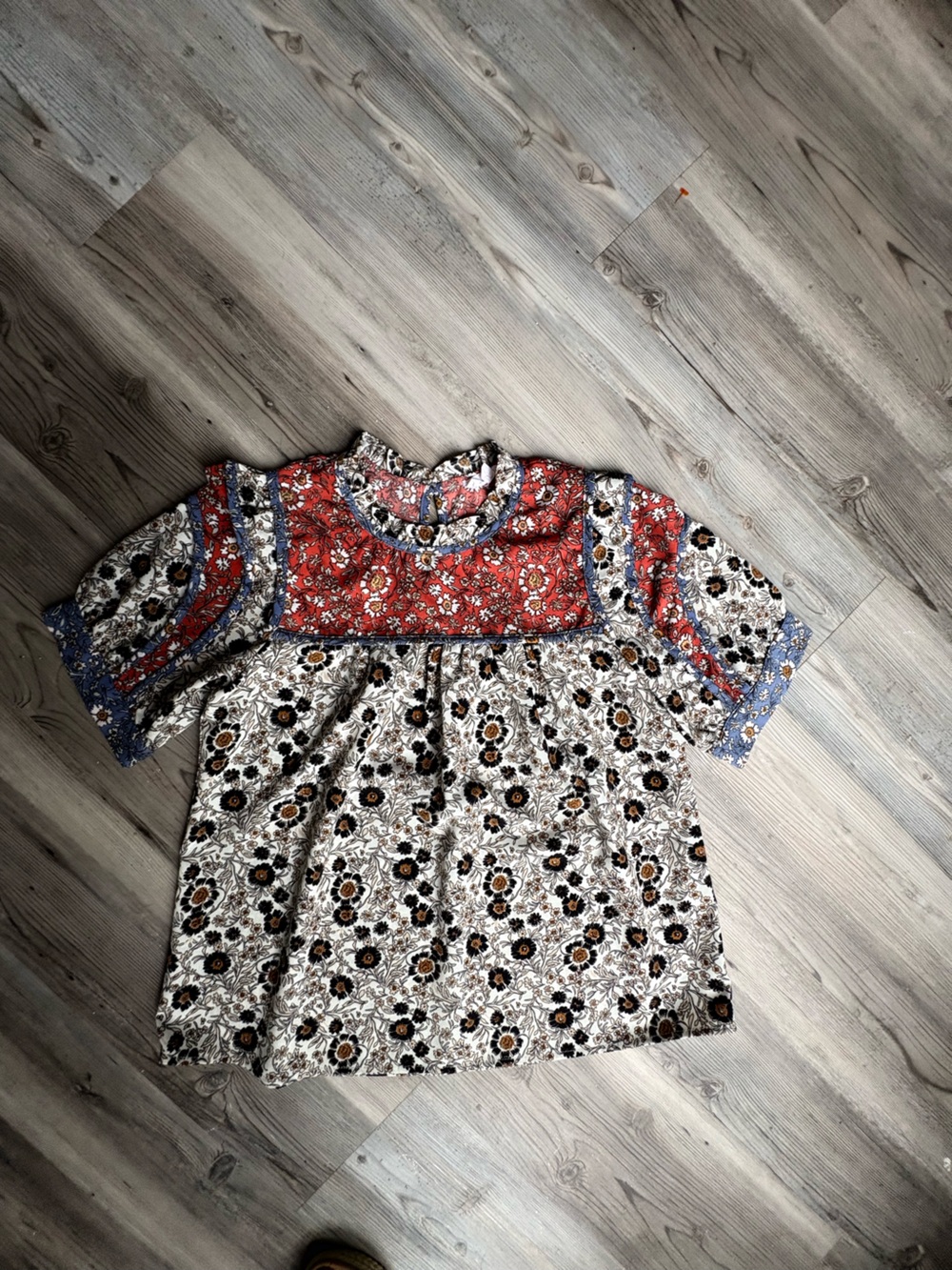 THML Red Floral Patchwork Blouse with Cream and Blue Accents